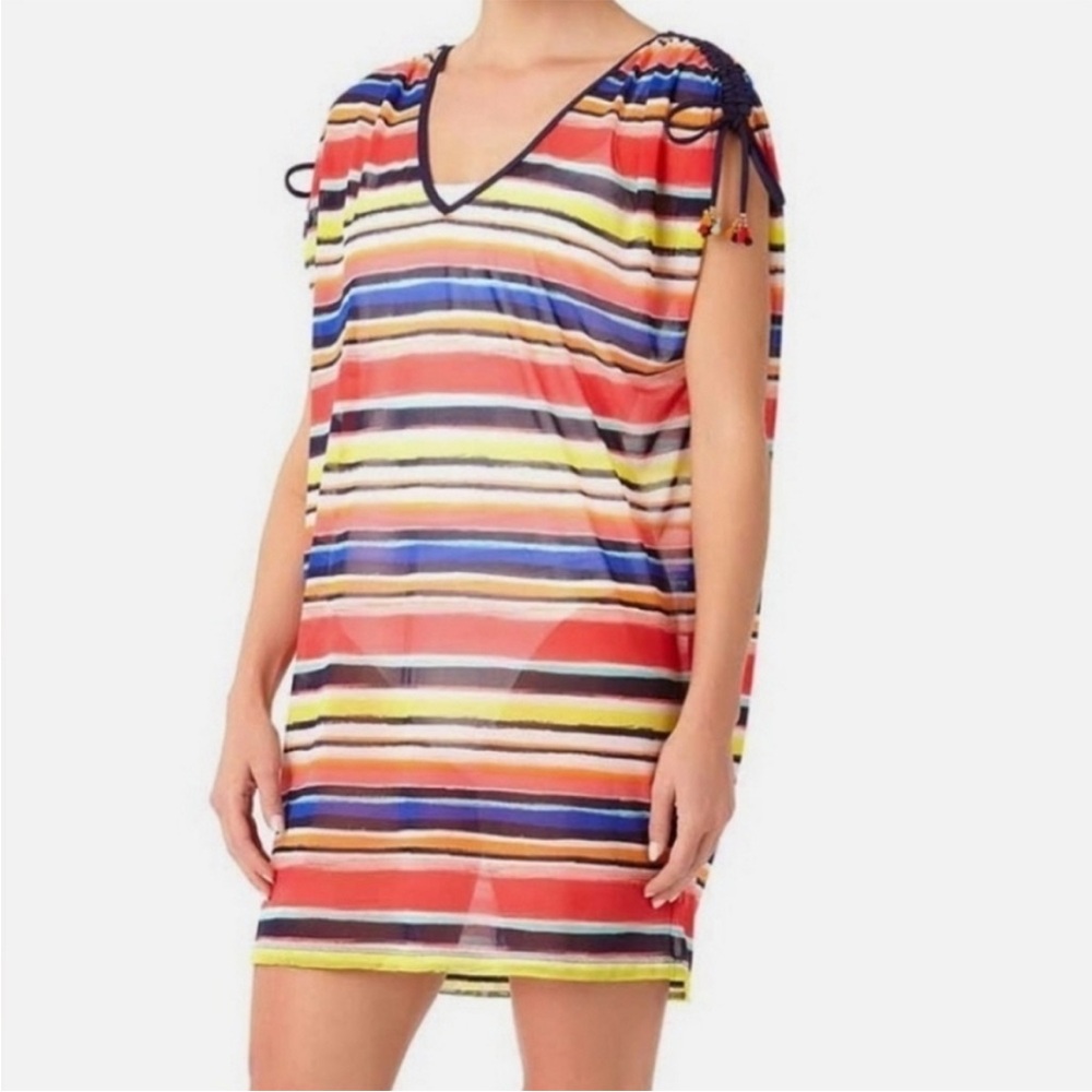 Anne Cole Woman’s Mesh Striped Swimsuit Coverup,V-neck,Multicolor,Size XS/Small